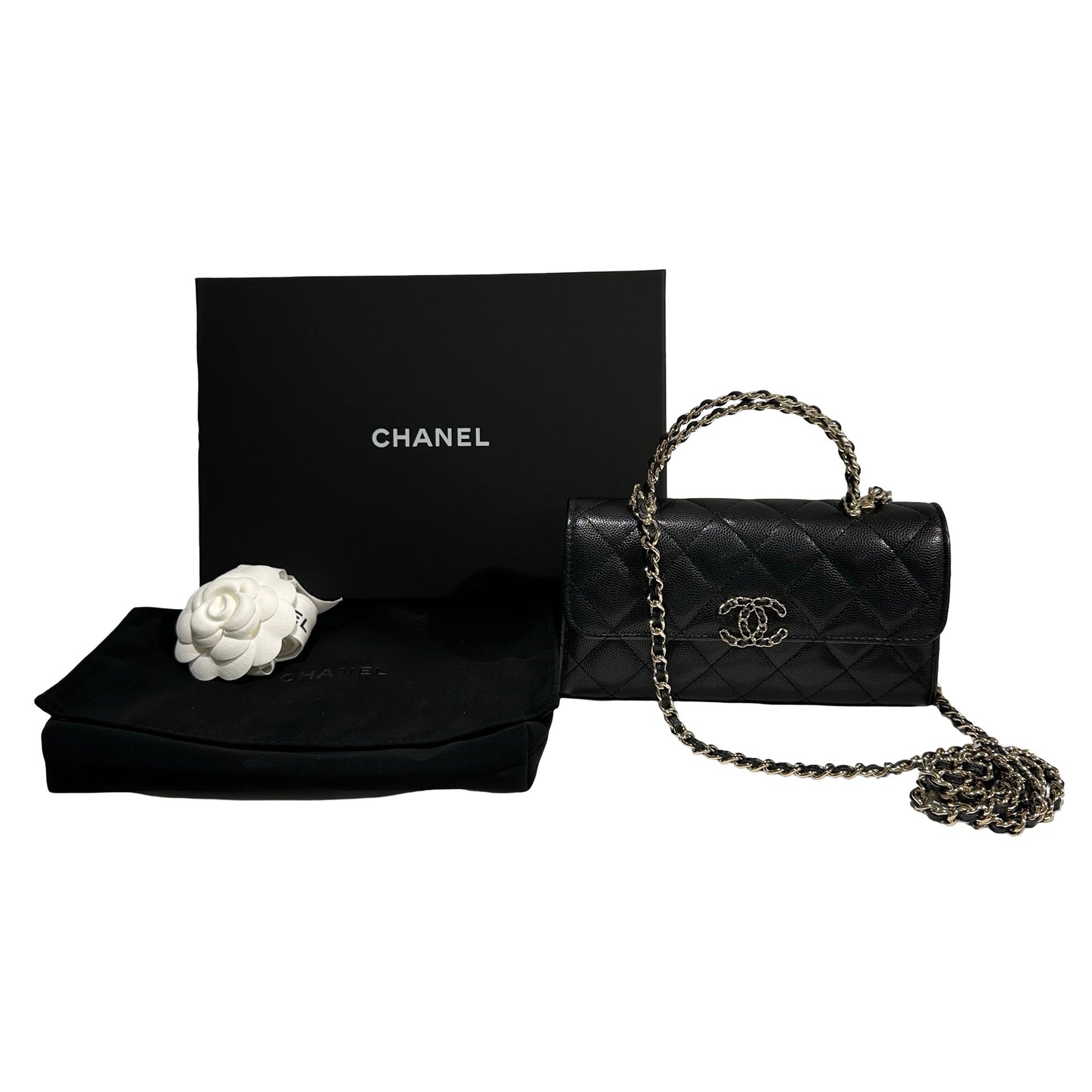 Used CHANEL Quilted Caviar Handle Classic Flap Handbag Black Gold