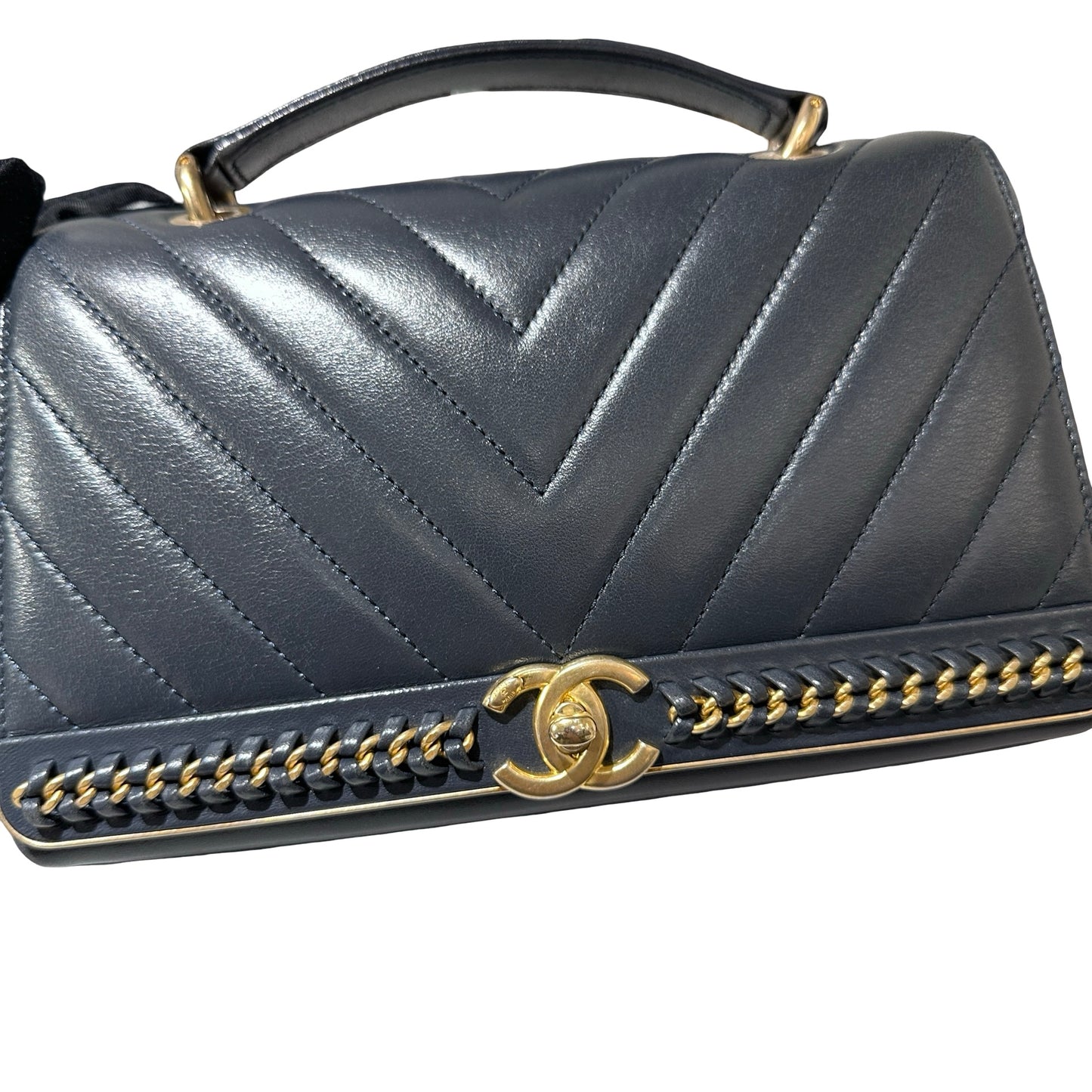 Used CHANEL Sheep Skin Chevron Top Handle Chain Shoulder Bag Navy GHW