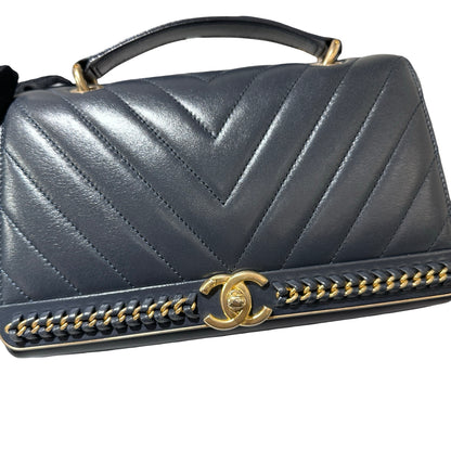 Used CHANEL Sheep Skin Chevron Top Handle Chain Shoulder Bag Navy GHW
