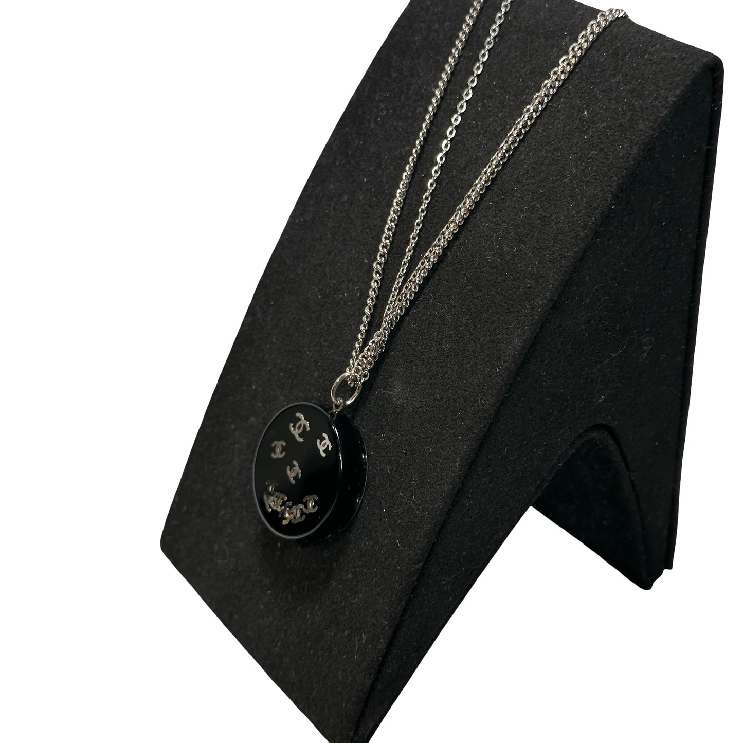 Used CHANEL Black Round Pendant Necklace with Silver CC Logos Necklace Black Silver