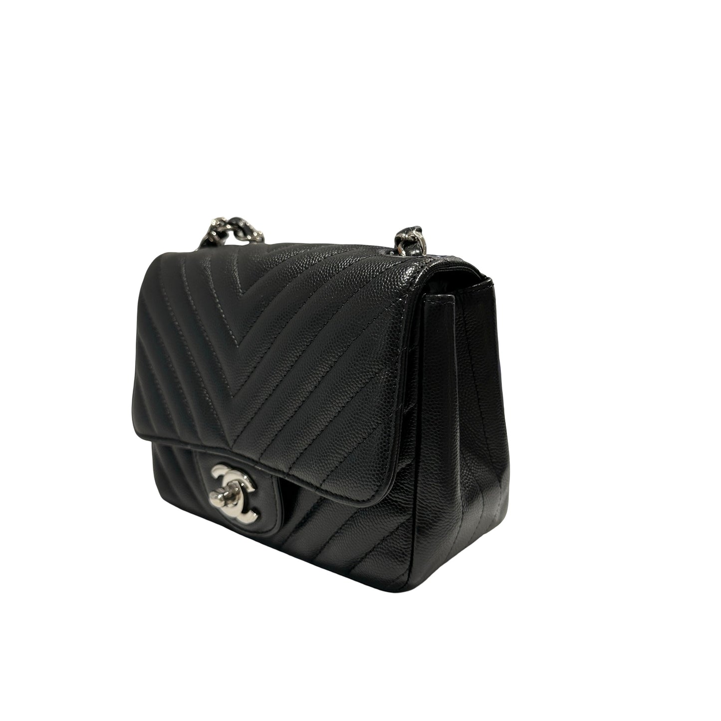 Used CHANEL Caviar Leather Mini Rectangular Flap Chain Shoulder Bag Black PHW