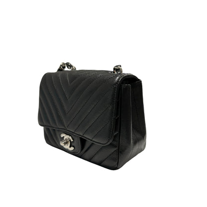 Used CHANEL Caviar Leather Mini Rectangular Flap Chain Shoulder Bag Black PHW