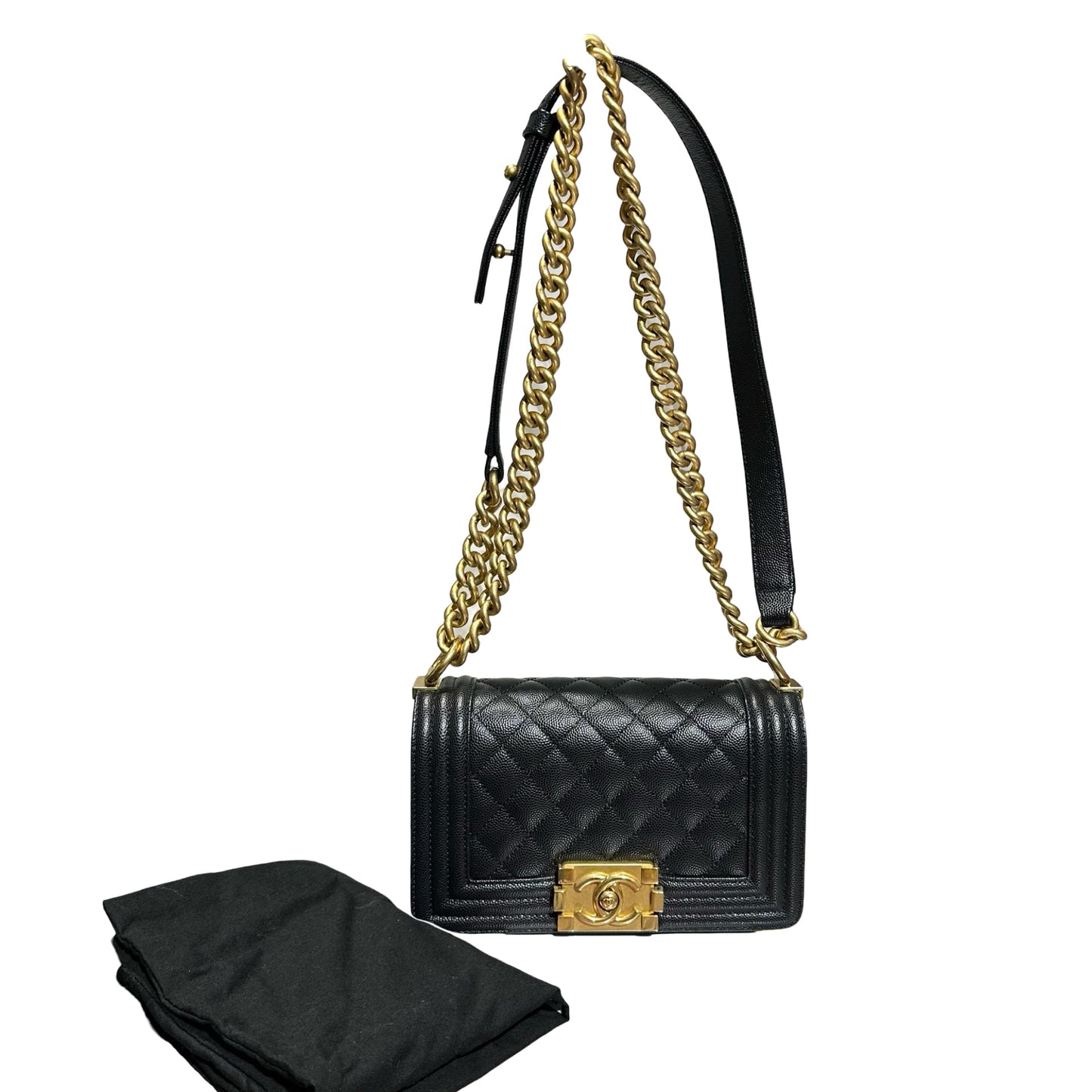 Used CHANEL Caviar Leather Boy 20cm Chain Shoulder Bag Black GHW