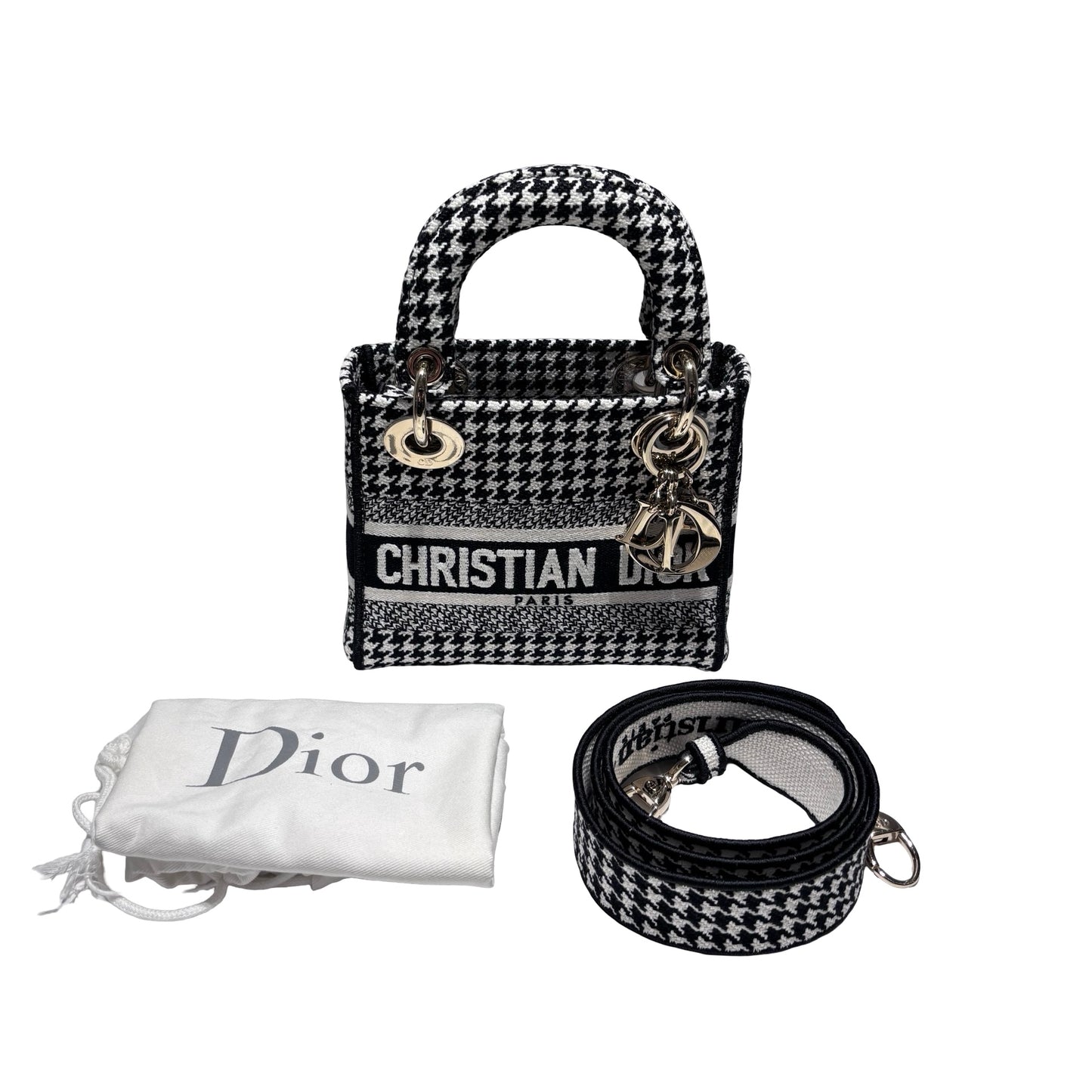 Used DIOR Canvas Mini Lady D-Lite Handbag Black White GHW