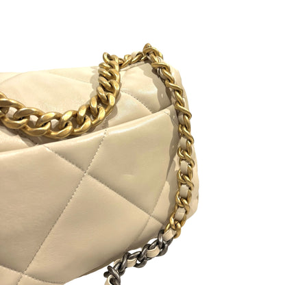 Used CHANEL Lambskin Quilted Chanel 19 Chain Shoulder Bag Cream White GHW