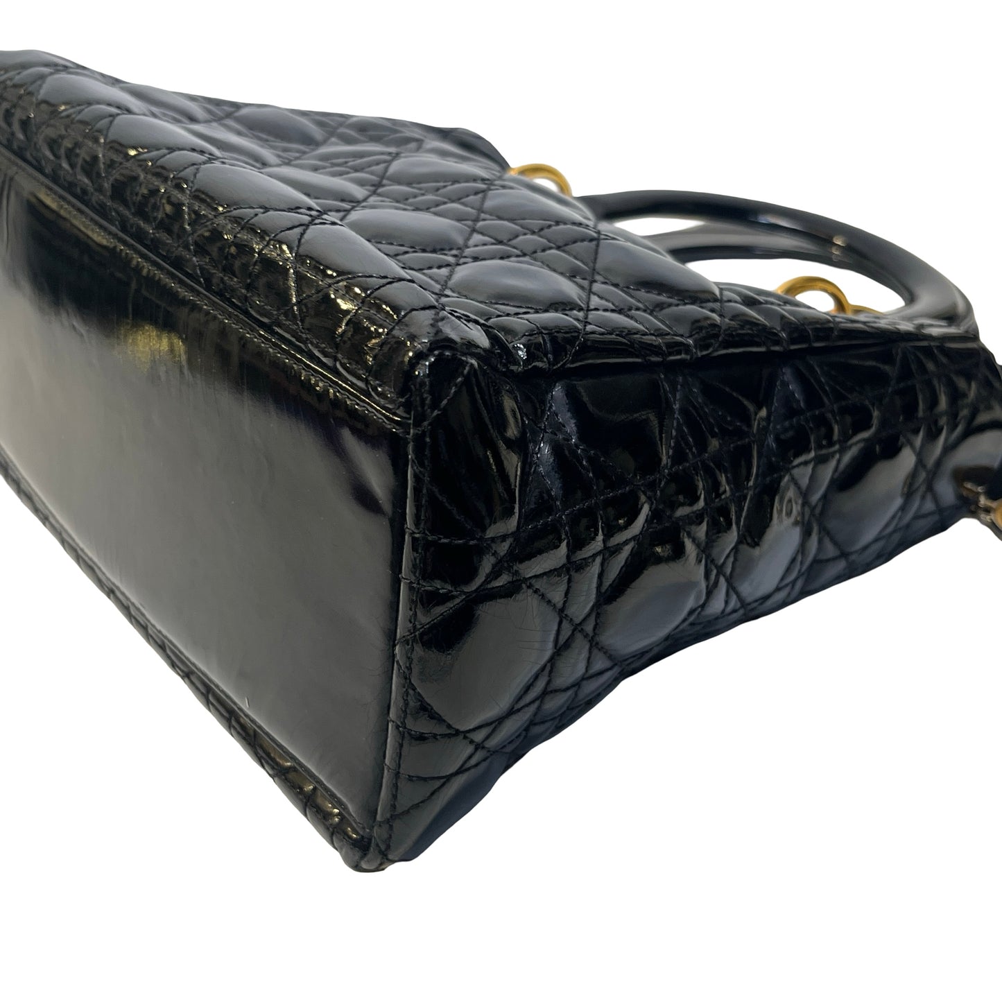 Used DIOR Cannage Patent Leather Lady Dior Handbag Black Gold
