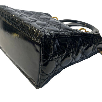 Used DIOR Cannage Patent Leather Lady Dior Handbag Black Gold
