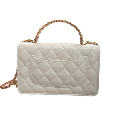 Used CHANEL Lambskin Leather 23P RAINBOW TOP HANDLE WOC Cross Body Bag White GHW