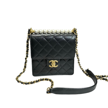 Used CHANEL Lambskin Leather Flap with Pearls Chain Shoulder Bag Black GHW