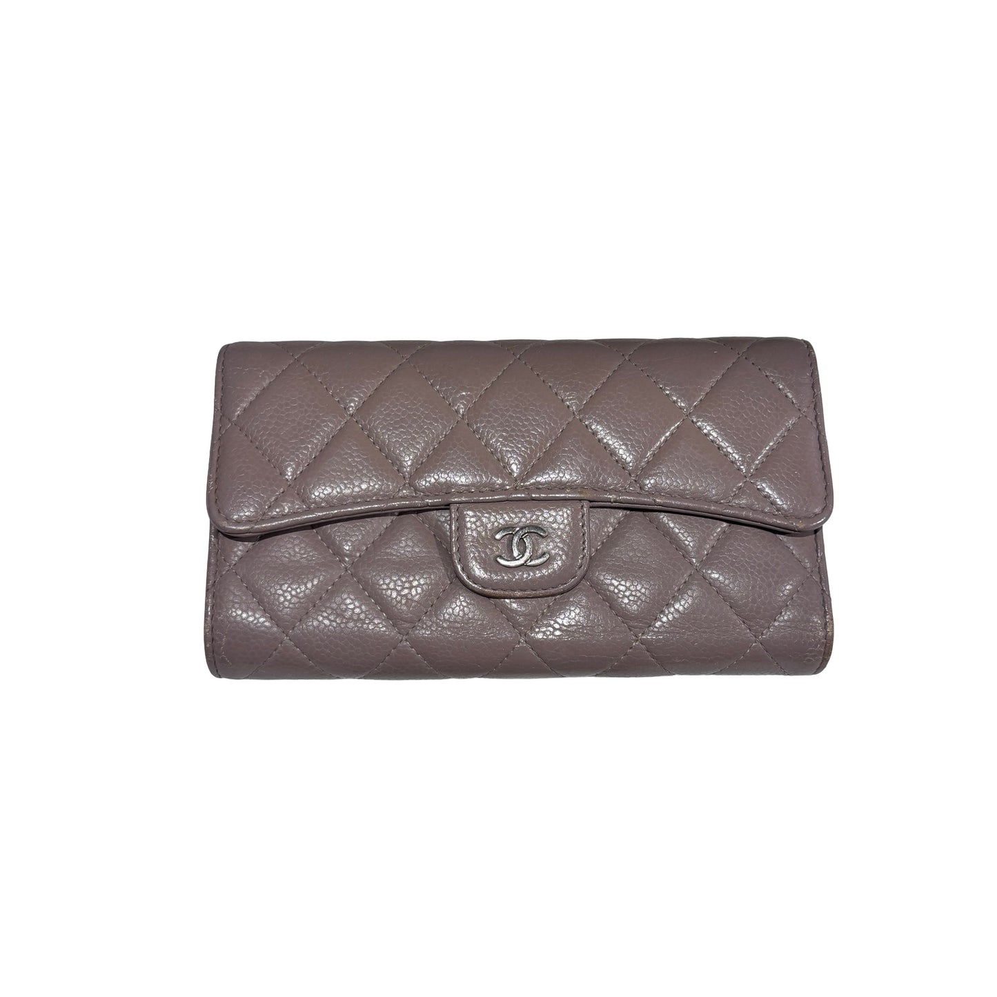 Used CHANEL Quilted Caviar Classic Long Flap Wallet Long wallet Beige Silver