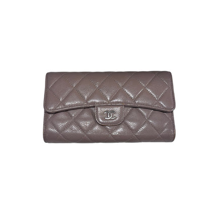 Used CHANEL Quilted Caviar Classic Long Flap Wallet Long wallet Beige Silver