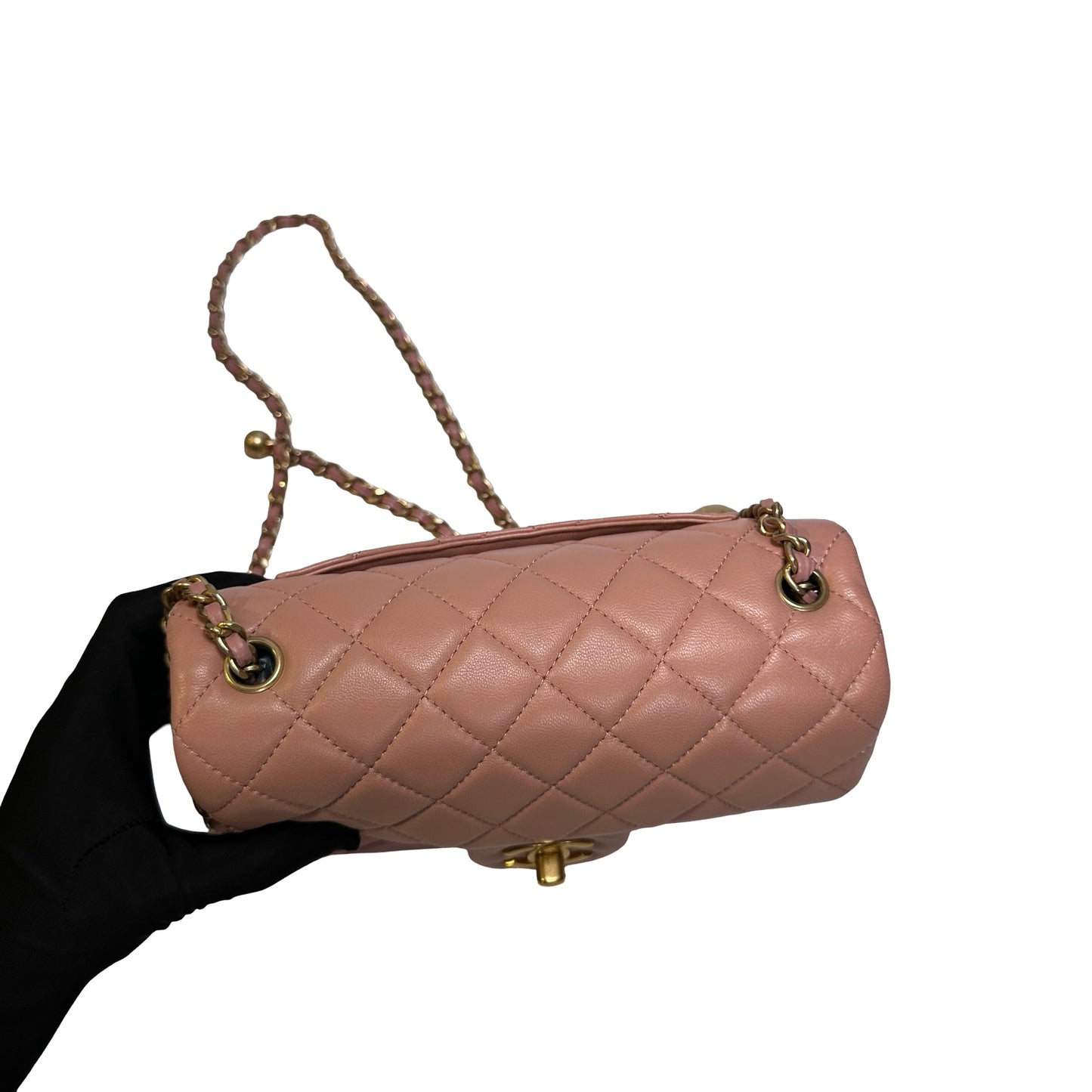 Used CHANEL Diamond Quilted Lambskin Mini Rectangular Flap Chain Shoulder Bag Pink