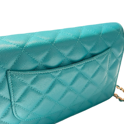 Used CHANEL Calfskin Leather WOC Cross Body Bag Green GHW