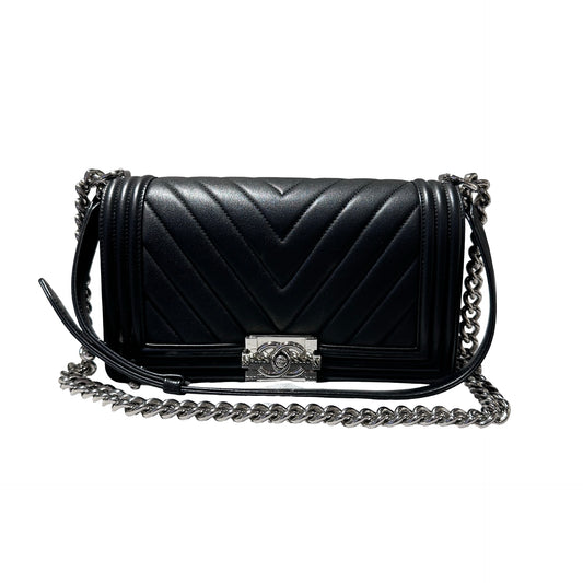 Used Chanel Boy 25cm Chain Shoulder Bag Black PHW