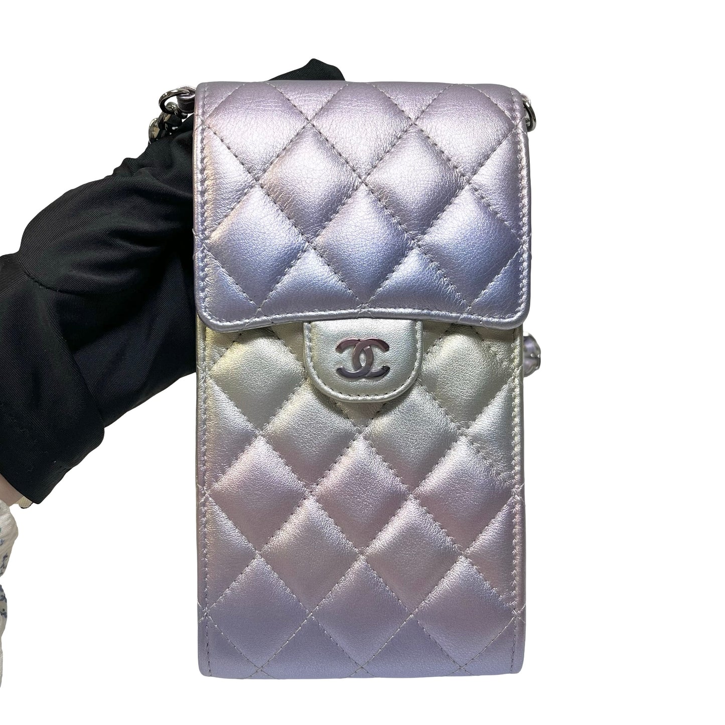 Used CHANEL Quilted Metallic Quilted Phone Bag Phone Bag Ombre Silver Gold Purple