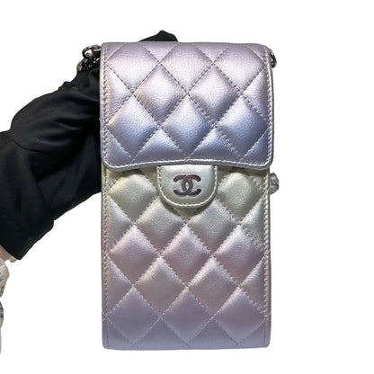 Used CHANEL Quilted Metallic Quilted Phone Bag Phone Bag Ombre Silver Gold Purple