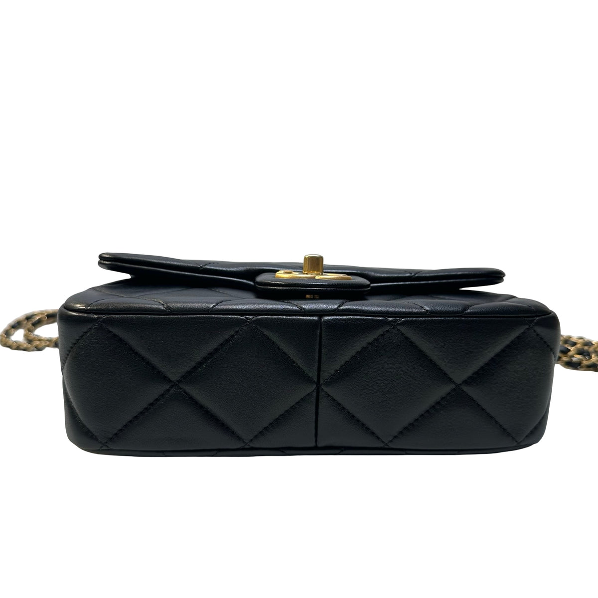 Used CHANEL Quilted Lambskin Mini Flap Bag with Pearl Crush Chain Shoulder Bag Black Gold hardware