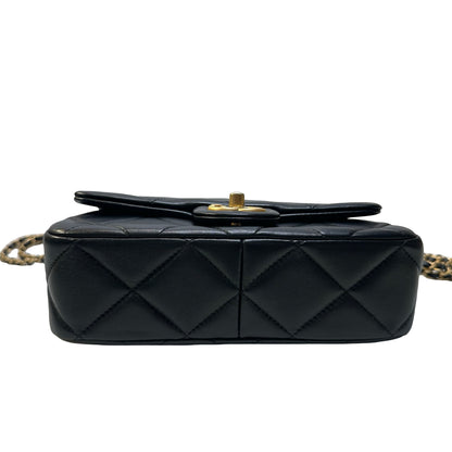 Used CHANEL Quilted Lambskin Mini Flap Bag with Pearl Crush Chain Shoulder Bag Black Gold hardware