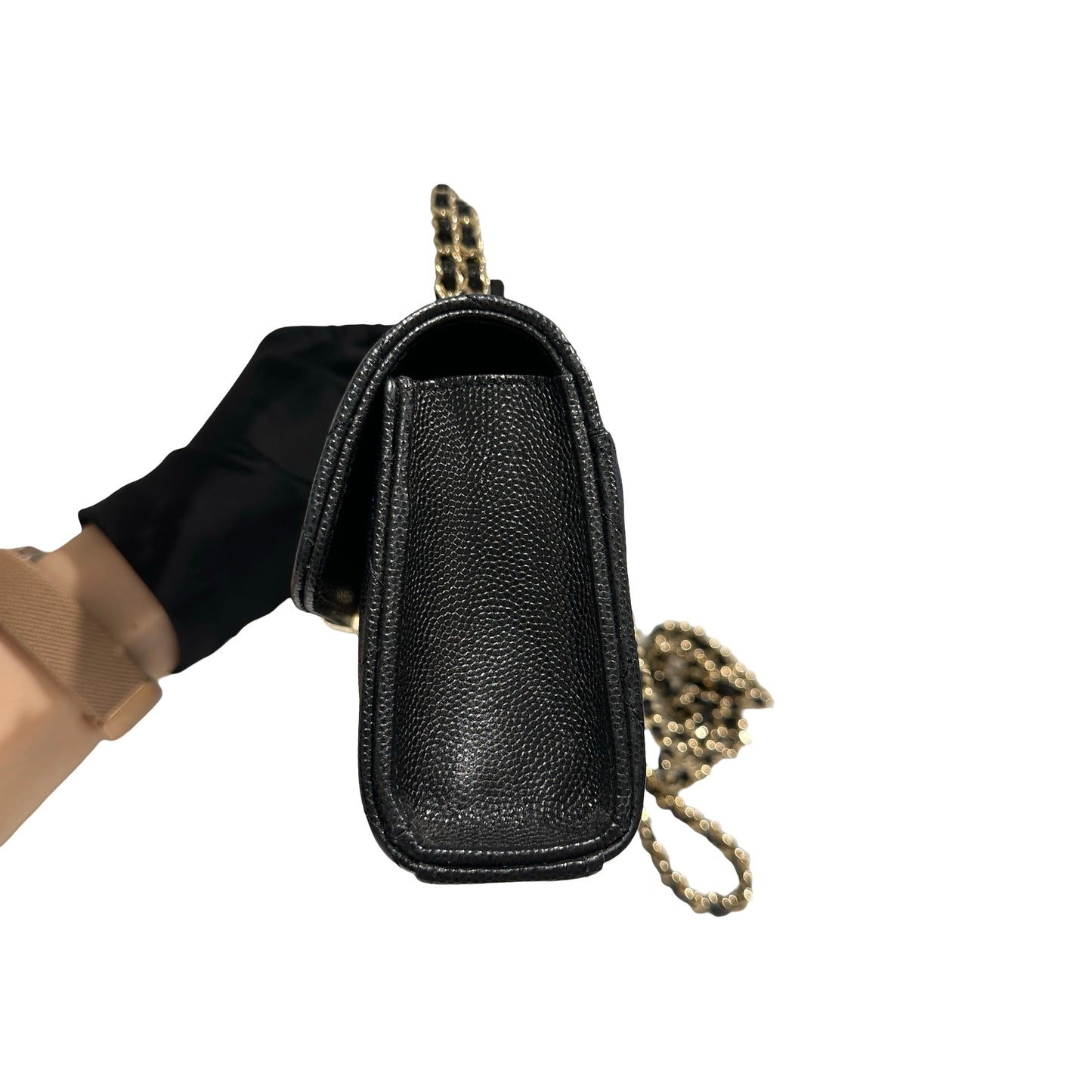 Used CHANEL Quilted Caviar Handle Classic Flap Handbag Black Gold