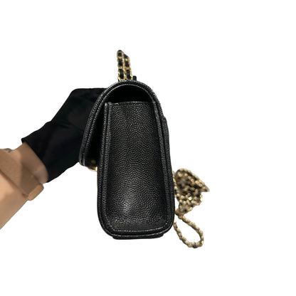 Used CHANEL Quilted Caviar Handle Classic Flap Handbag Black Gold