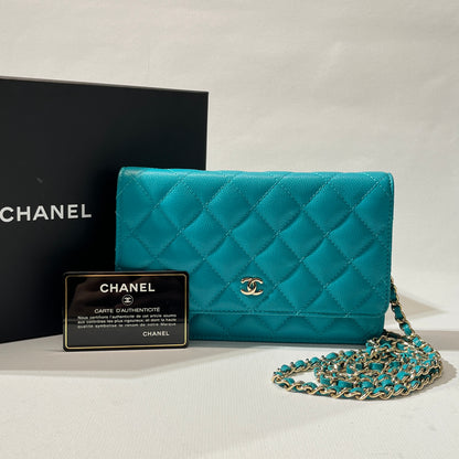 Used CHANEL Calfskin Leather WOC Cross Body Bag Green GHW