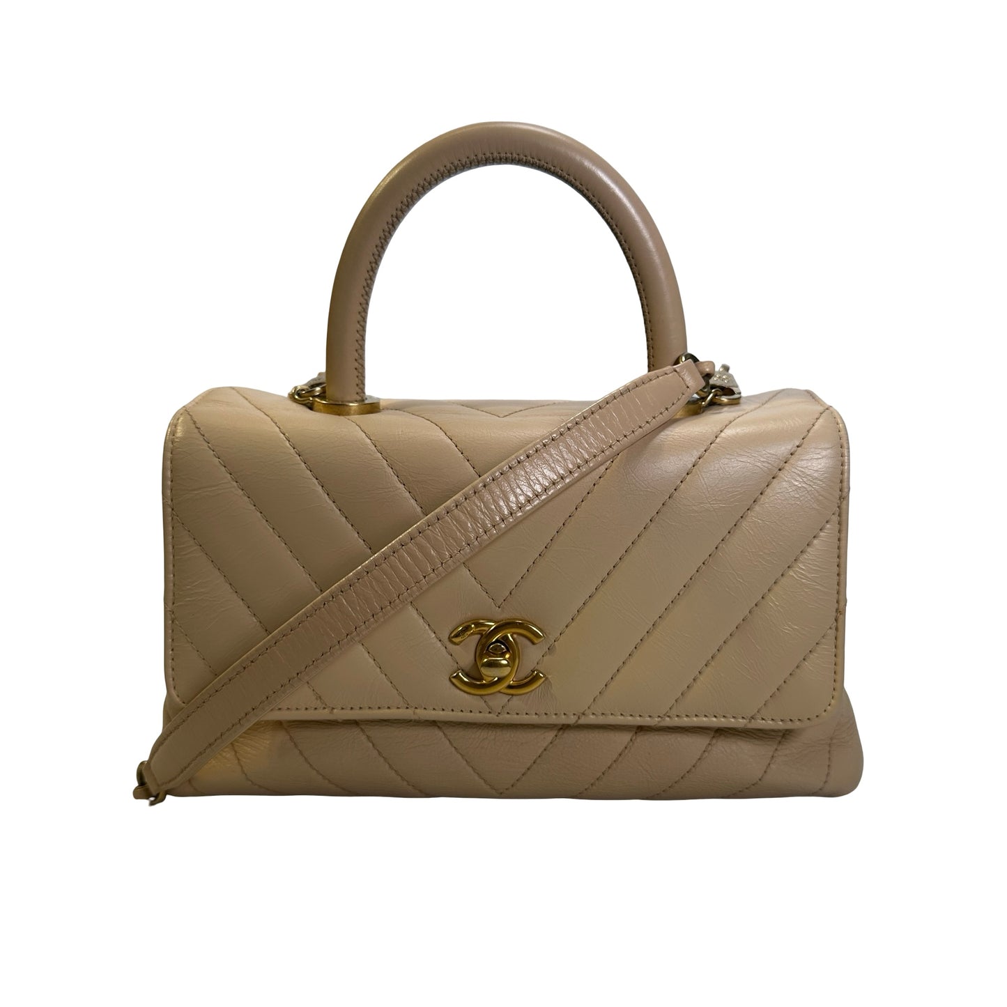 Used CHANEL Chevron Coco Handle Handbag Beige GHW