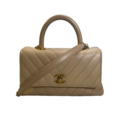 Used CHANEL Chevron Coco Handle Handbag Beige GHW