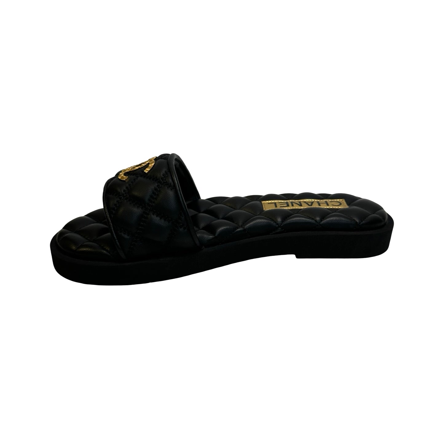 Brand New CHANEL Quilted Lambskin Mules Shoes Black Gold