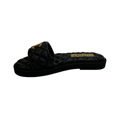 Brand New CHANEL Quilted Lambskin Mules Shoes Black Gold