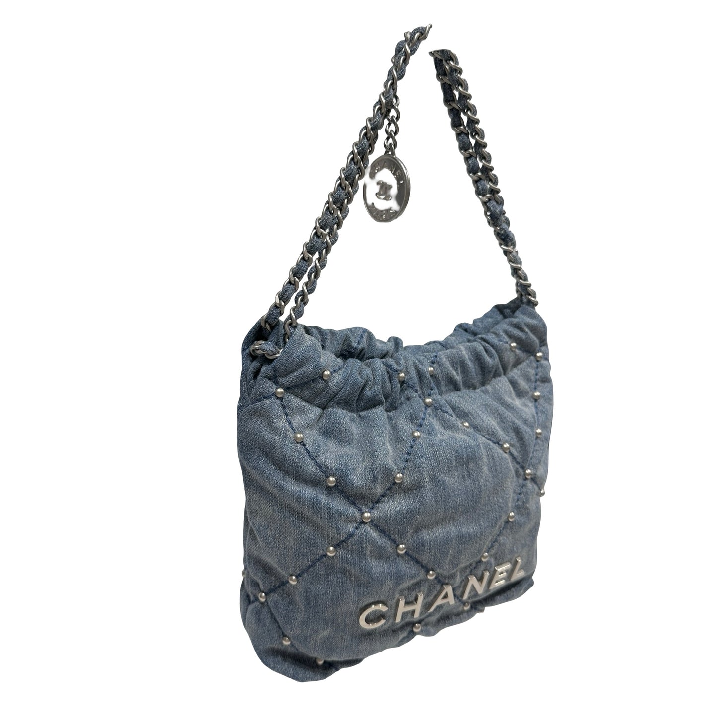 Used CHANEL Denim Quilted Studded Chanel 22 Mini Bag Blue Silver