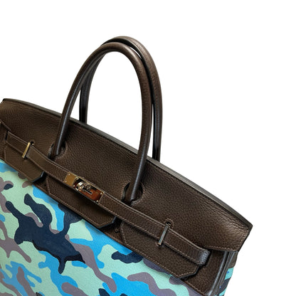 Used HERMES Camouflage Leather Toile HAC Birkin 35 Handbag Brown Blue Green
