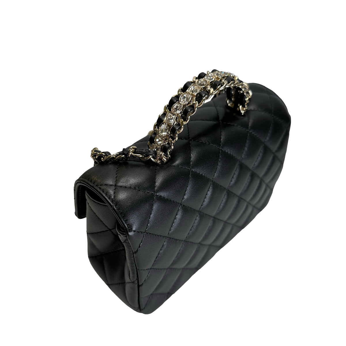 Used CHANEL Quilted Leather Mini Flap Bag with Top Handle Handbag Black