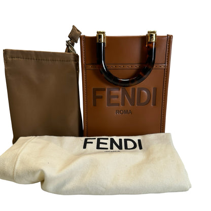 Used FENDI Leather Sunshine Shopper Mini Tote Bag Brown