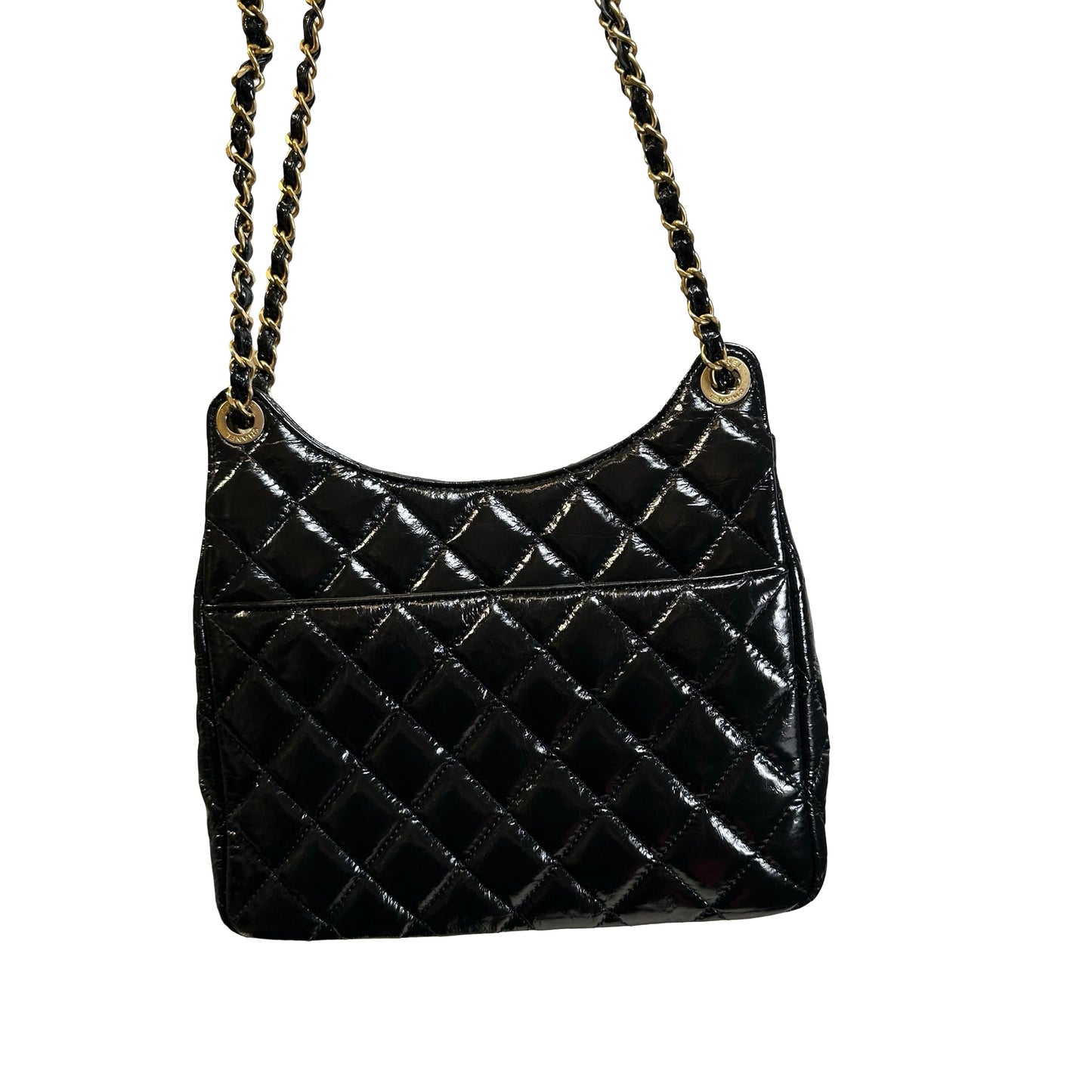 Used CHANEL Quilted Patent Leather Hobo Hobo Bag Black Gold Hardware
