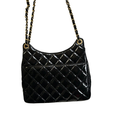 Used CHANEL Quilted Patent Leather Hobo Hobo Bag Black Gold Hardware