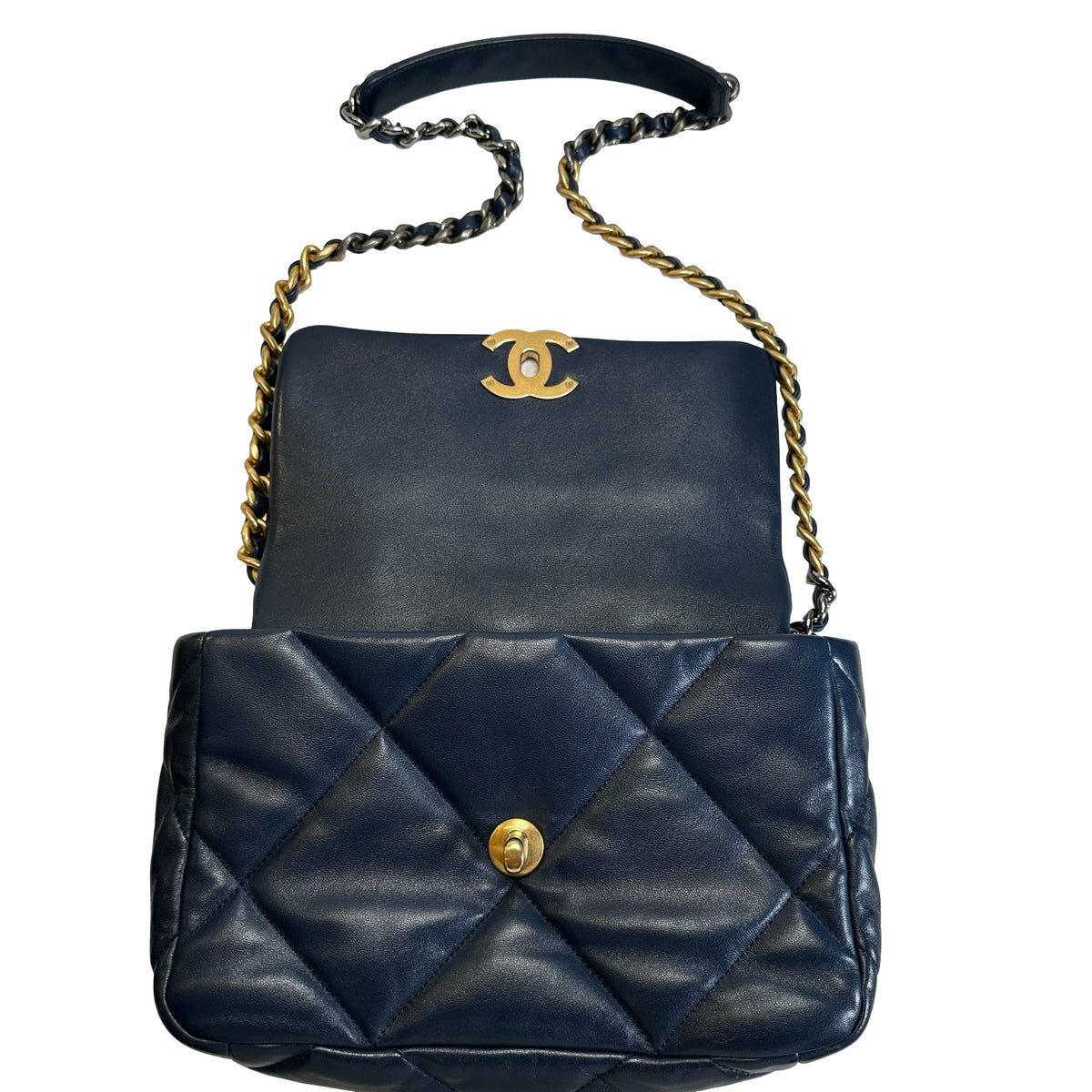 Used CHANEL Lambskin Quilted Chanel 19 Shoulder Bag Navy Blue