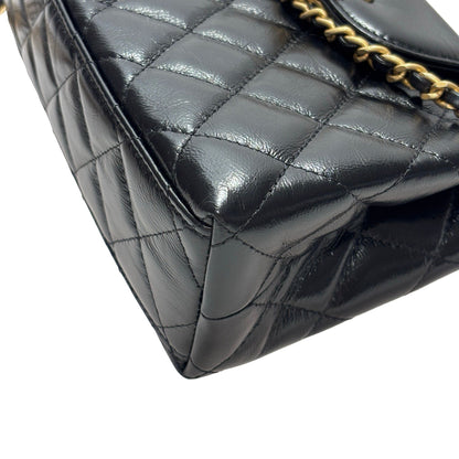 Used CHANEL Calfskin Leather Shiny Aged Calfskin Quilted Kelly Cross Body Bag Black GHW