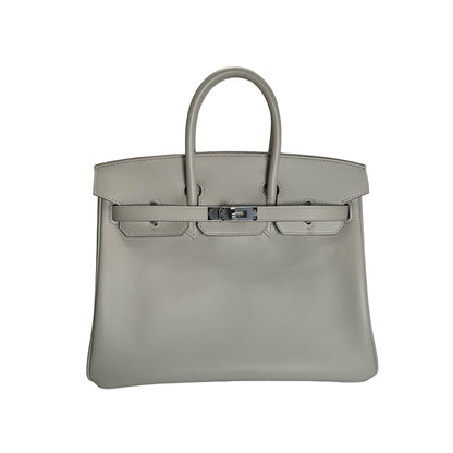 Used HERMES Swift Leather Birkin 25 Handbag Grey PHW
