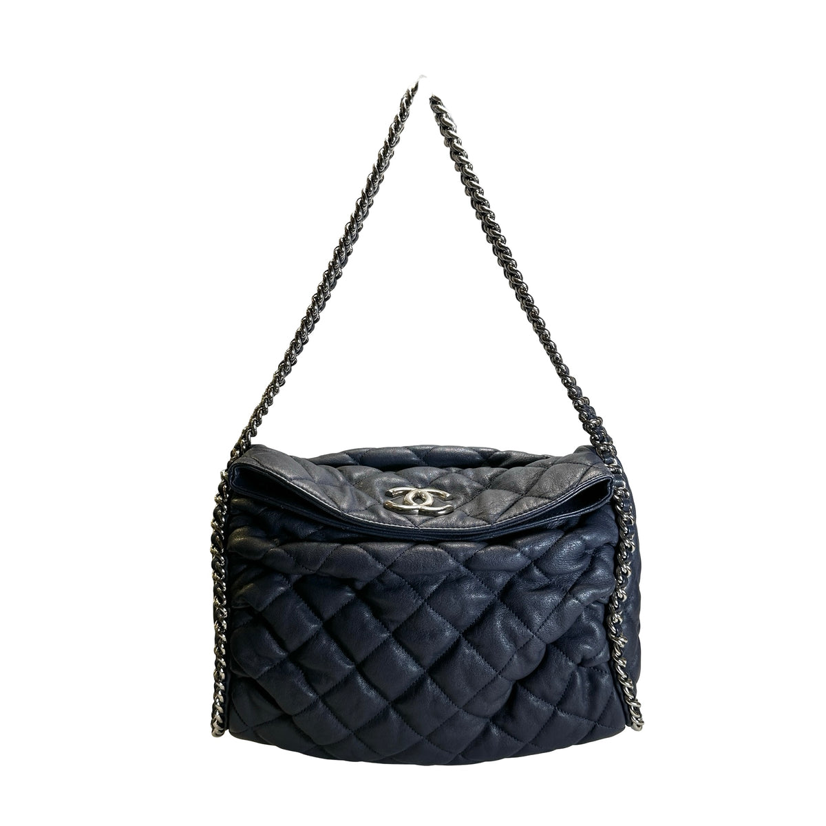 Used CHANEL Quilted Leather Quilted Shoulder Bag Chain Shoulder Bag Navy Blue Silver Hardware