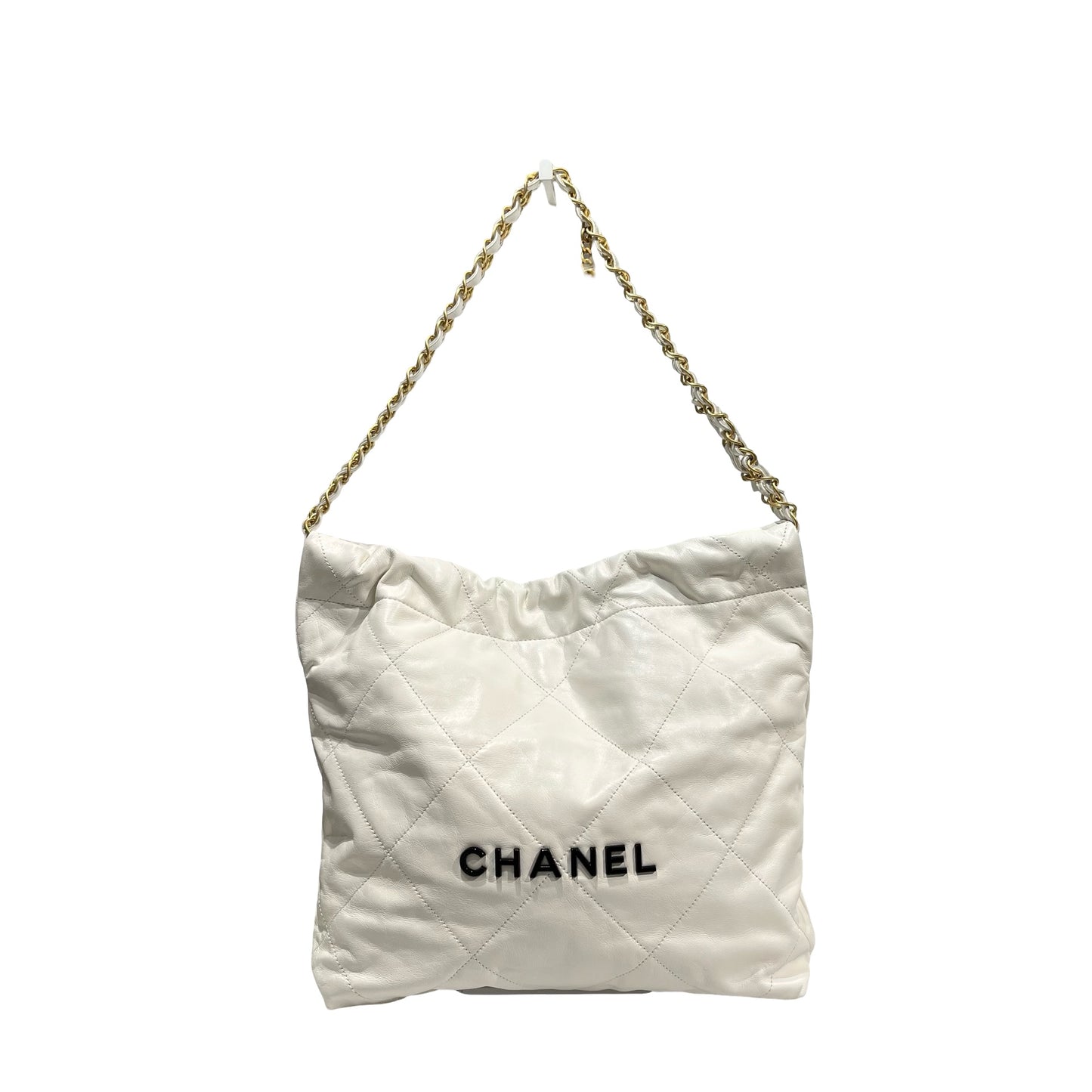 Used CHANEL Shiny Calfskin 22 Small Shiny Calfskin Shoulder Bag White Black GHW