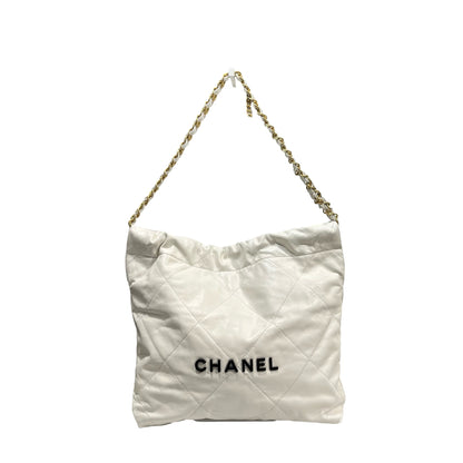 Used CHANEL Shiny Calfskin 22 Small Shiny Calfskin Shoulder Bag White Black GHW