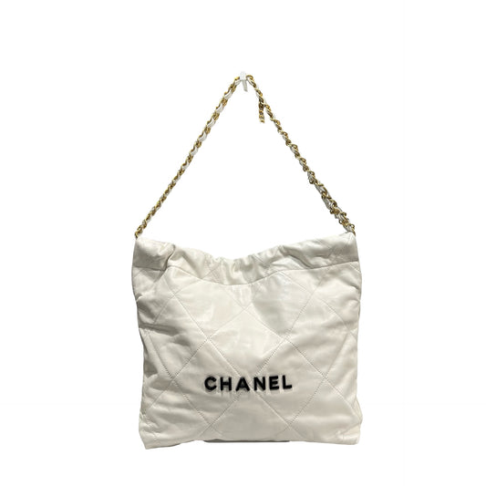 Used CHANEL Shiny Calfskin 22 Small Shiny Calfskin Shoulder Bag White Black GHW