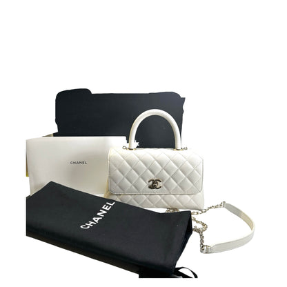 Used CHANEL Quilted Caviar Coco Handle Handbag White GHW