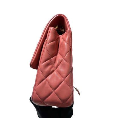 Used CHANEL Lambskin Leather Valentine Charm Classic Flap 25 Medium Chain Shoulder Bag Pink