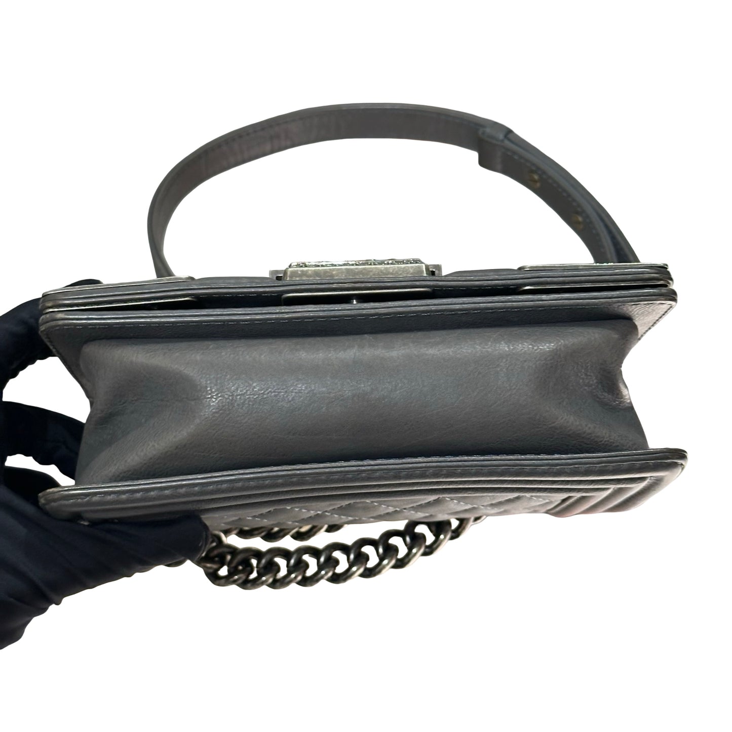 Used CHANEL Boy 20cm Cross Body Bag Grey PHW