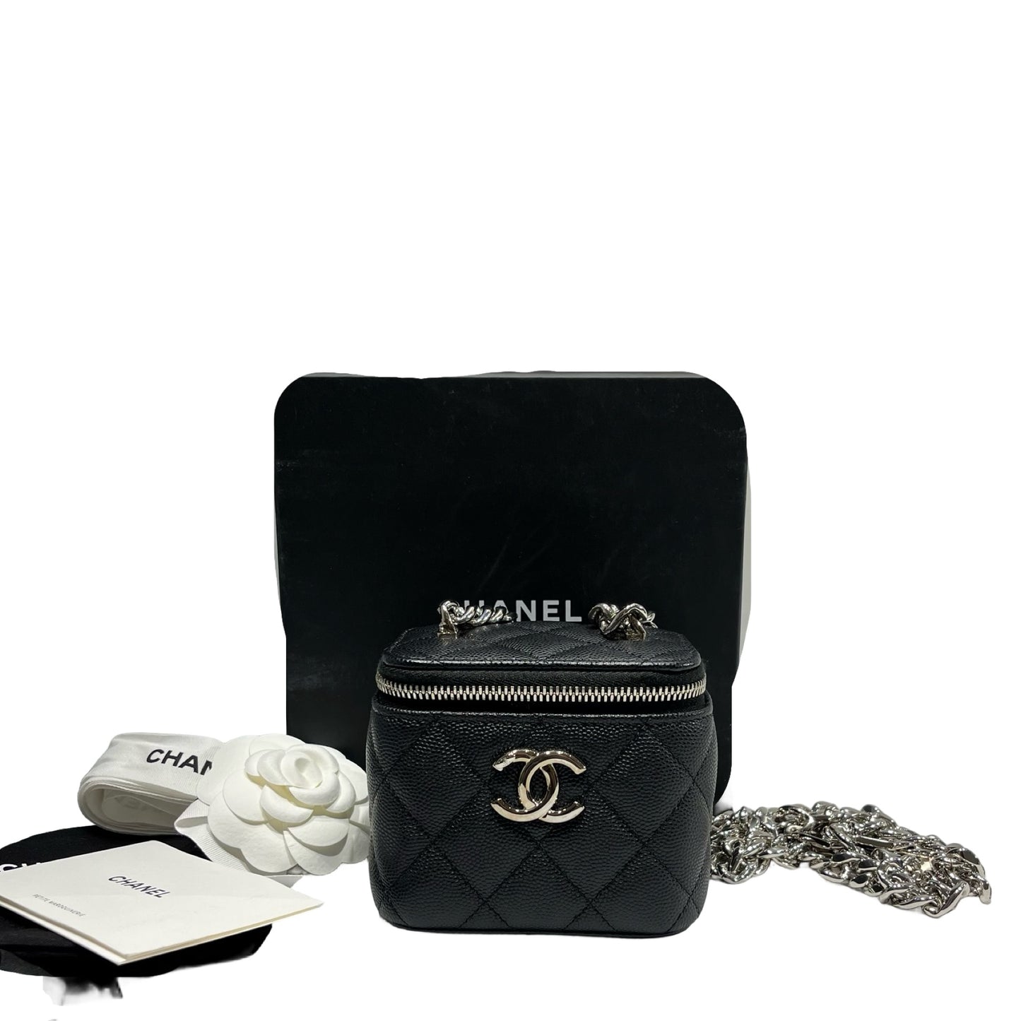 Used CHANEL Vanity Case with Black White Chain Cross Body Bag Black PHW