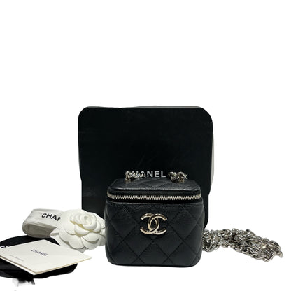 Used CHANEL Vanity Case with Black White Chain Cross Body Bag Black PHW