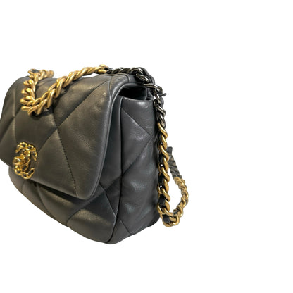 Used CHANEL Quilted Goatskin Chanel 19 Chain Shoulder Bag Grey Gold Ruthenium