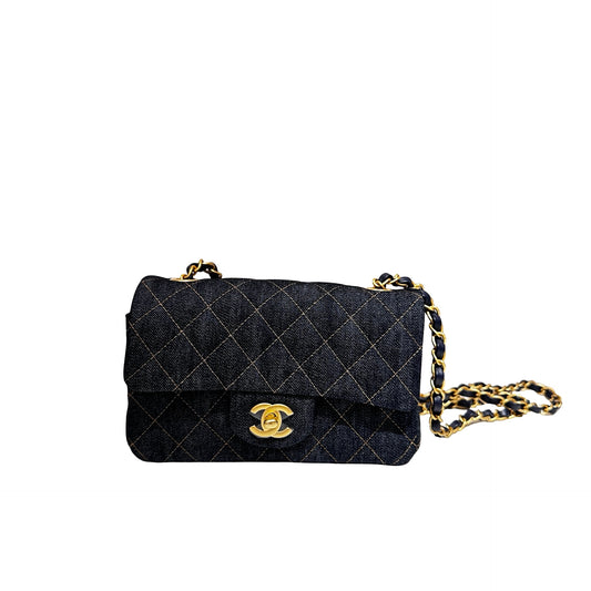 New Chanel Denim Blue Denim Mini Flap 20cm Cross Body Bag Navy GHW
