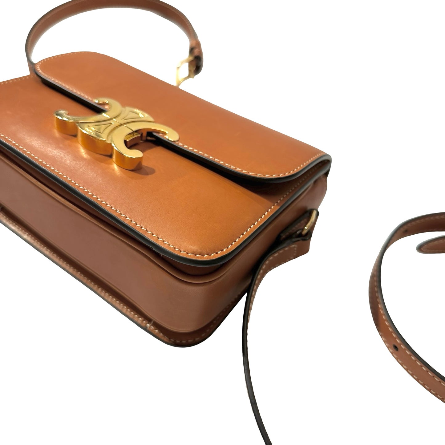 Used Céline Calfskin Leather Triomphe Shoulder Bag GHW Brown